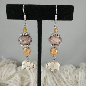 Elephant Earrings Purple & Peach Beaded